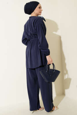 Omuz Fularlı Bel Lastikli Modal İkili Takım Lacivert - İkili Takım