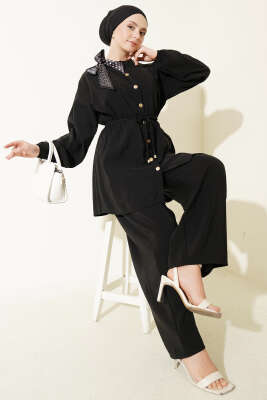 Omuz Fularlı Bel Lastikli Modal İkili Takım Siyah - NESSİA