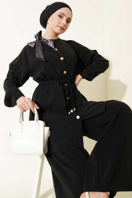 Omuz Fularlı Bel Lastikli Modal İkili Takım Siyah - İkili Takım