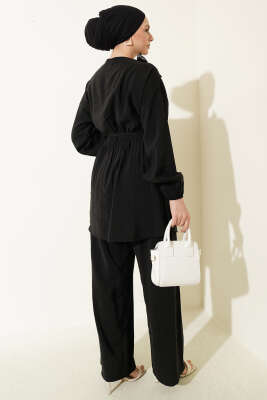 Omuz Fularlı Bel Lastikli Modal İkili Takım Siyah - İkili Takım