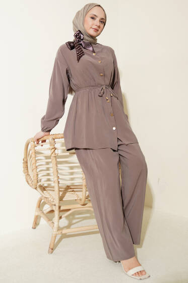 Omuz Fularlı Bel Lastikli Modal İkili Takım Vizon - İkili Takım