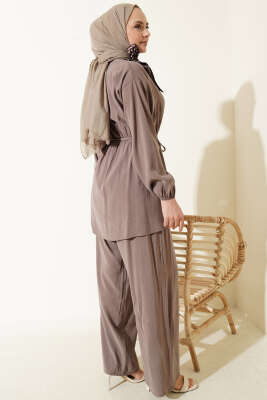 Omuz Fularlı Bel Lastikli Modal İkili Takım Vizon - İkili Takım