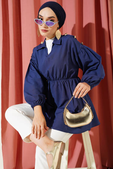 Omuz Gold Düğme Detaylı Tunik Lacivert - Tunik