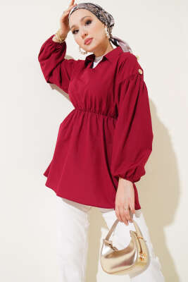 Omuz Gold Düğme Detaylı Tunik Bordo - Tunik