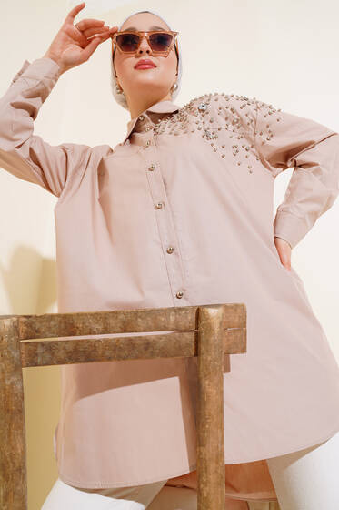 Omuz İnci Taşlı Tunik Bej - Tunik
