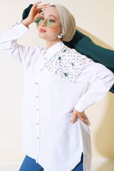 Omuz İnci Taşlı Tunik Beyaz - Tunik