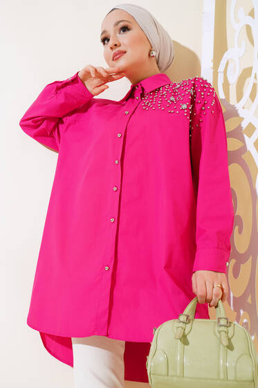 Omuz İnci Taşlı Tunik Fuşya - Tunik