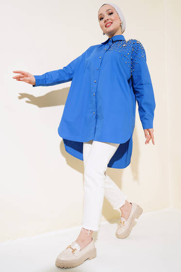 Omuz İnci Taşlı Tunik İndigo - Tunik