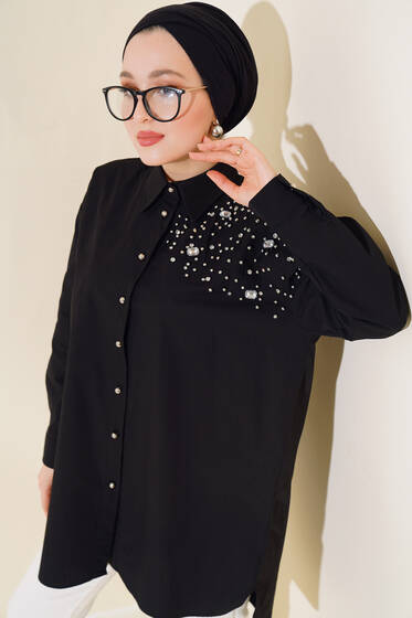Omuz İnci Taşlı Tunik Siyah - Tunik