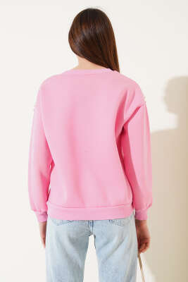 Omuz İnci Taşlı Üç İp Sweatshirt Pembe - Kadın Giyim Modelleri