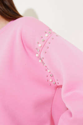 Omuz İnci Taşlı Üç İp Sweatshirt Pembe - Kadın Giyim Modelleri