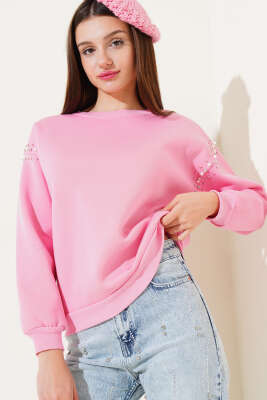 Omuz İnci Taşlı Üç İp Sweatshirt Pembe 