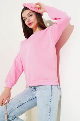 Omuz İnci Taşlı Üç İp Sweatshirt Pembe - Yeni Giyim