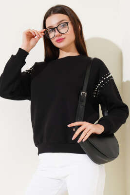 Omuz İnci Taşlı Üç İp Sweatshirt Siyah - Kadın Giyim Modelleri