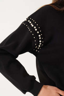Omuz İnci Taşlı Üç İp Sweatshirt Siyah - Kadın Giyim Modelleri