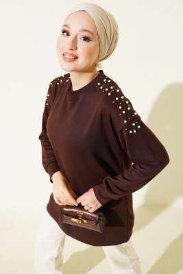 Omuz İncili Loyşa Tunik Kahve - NEVA MODA