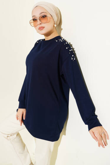 Omuz İncili Loyşa Tunik Lacivert - Tunik