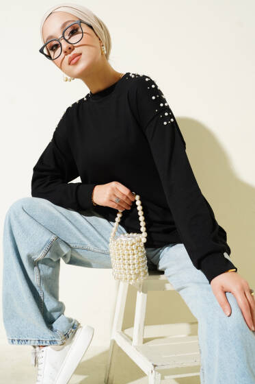 Omuz İncili Loyşa Tunik Siyah - Tunik