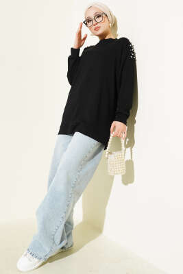 Omuz İncili Loyşa Tunik Siyah - Tunik