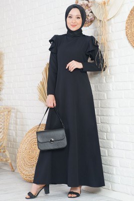 Omuz Katlı Siyah Klasik Elbise - Thumbnail