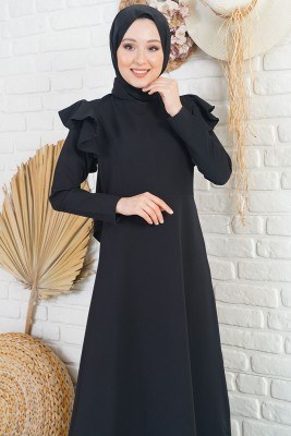 Omuz Katlı Siyah Klasik Elbise - Thumbnail