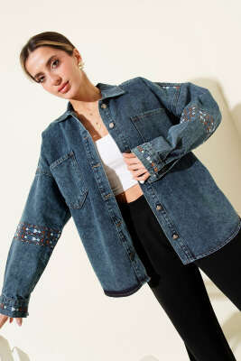 Omuz Kol Nakışlı Salaş Kot Ceket Kar Yıkama - LEVURE