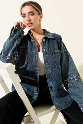 Omuz Kol Nakışlı Salaş Kot Ceket Kar Yıkama - Kadın Giyim Modelleri