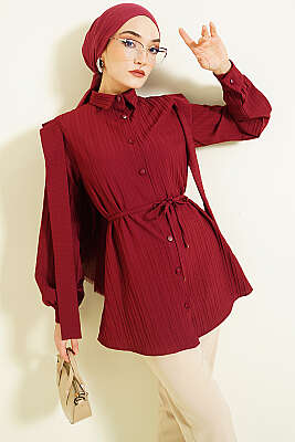 Omuz Kuşaklı Çizgi Kabartmalı Gömlek Bordo - TABLO FASHİON