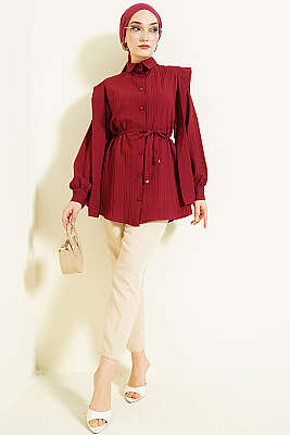 Omuz Kuşaklı Çizgi Kabartmalı Gömlek Bordo - Gömlek