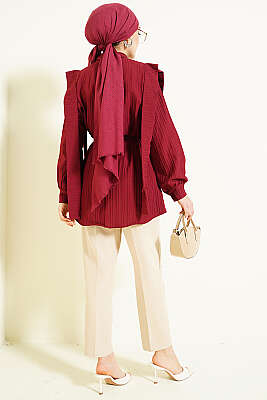 Omuz Kuşaklı Çizgi Kabartmalı Gömlek Bordo - Gömlek