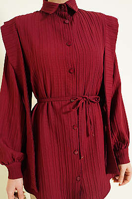 Omuz Kuşaklı Çizgi Kabartmalı Gömlek Bordo - Gömlek