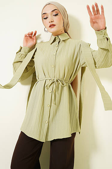 Omuz Kuşaklı Çizgi Kabartmalı Gömlek Çağla Yeşili - Gömlek