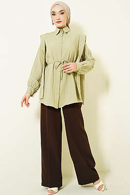 Omuz Kuşaklı Çizgi Kabartmalı Gömlek Çağla Yeşili - Gömlek