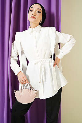 Omuz Kuşaklı Çizgi Kabartmalı Gömlek Ekru - TABLO FASHİON