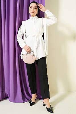 Omuz Kuşaklı Çizgi Kabartmalı Gömlek Ekru - Gömlek