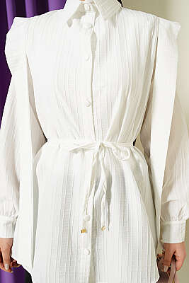 Omuz Kuşaklı Çizgi Kabartmalı Gömlek Ekru - Gömlek