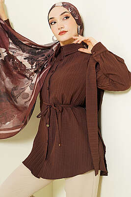 Omuz Kuşaklı Çizgi Kabartmalı Gömlek Kahve - TABLO FASHİON