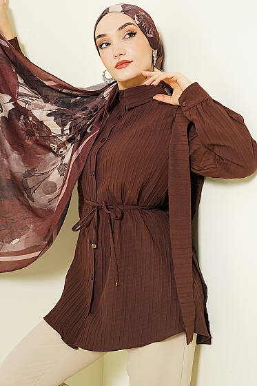 Omuz Kuşaklı Çizgi Kabartmalı Gömlek Kahve - Gömlek