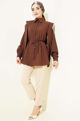 Omuz Kuşaklı Çizgi Kabartmalı Gömlek Kahve - Gömlek