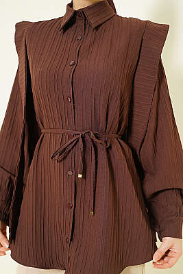 Omuz Kuşaklı Çizgi Kabartmalı Gömlek Kahve - Gömlek