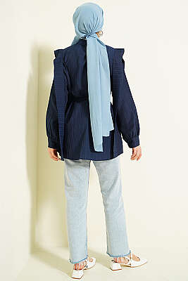 Omuz Kuşaklı Çizgi Kabartmalı Gömlek Lacivert - Gömlek