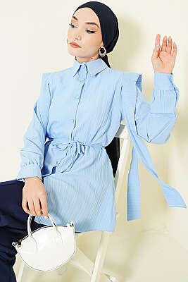 Omuz Kuşaklı Çizgi Kabartmalı Gömlek Mavi - TABLO FASHİON
