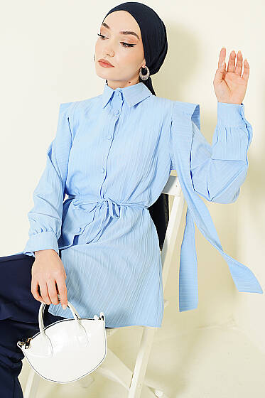 Omuz Kuşaklı Çizgi Kabartmalı Gömlek Mavi - Gömlek