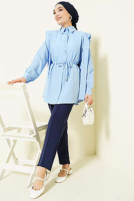 Omuz Kuşaklı Çizgi Kabartmalı Gömlek Mavi - Gömlek