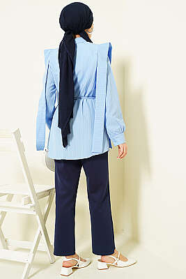 Omuz Kuşaklı Çizgi Kabartmalı Gömlek Mavi - Gömlek