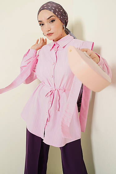 Omuz Kuşaklı Çizgi Kabartmalı Gömlek Pembe - Gömlek