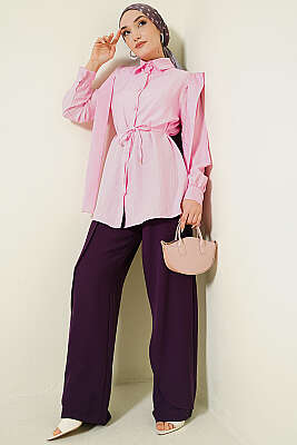 Omuz Kuşaklı Çizgi Kabartmalı Gömlek Pembe - Gömlek
