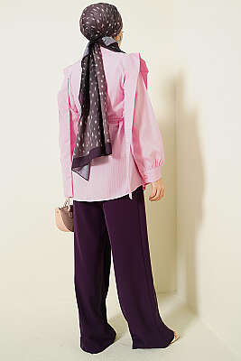 Omuz Kuşaklı Çizgi Kabartmalı Gömlek Pembe - Gömlek