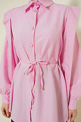 Omuz Kuşaklı Çizgi Kabartmalı Gömlek Pembe - Gömlek