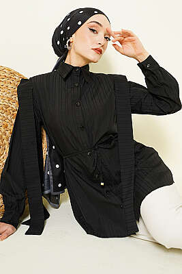 Omuz Kuşaklı Çizgi Kabartmalı Gömlek Siyah - TABLO FASHİON